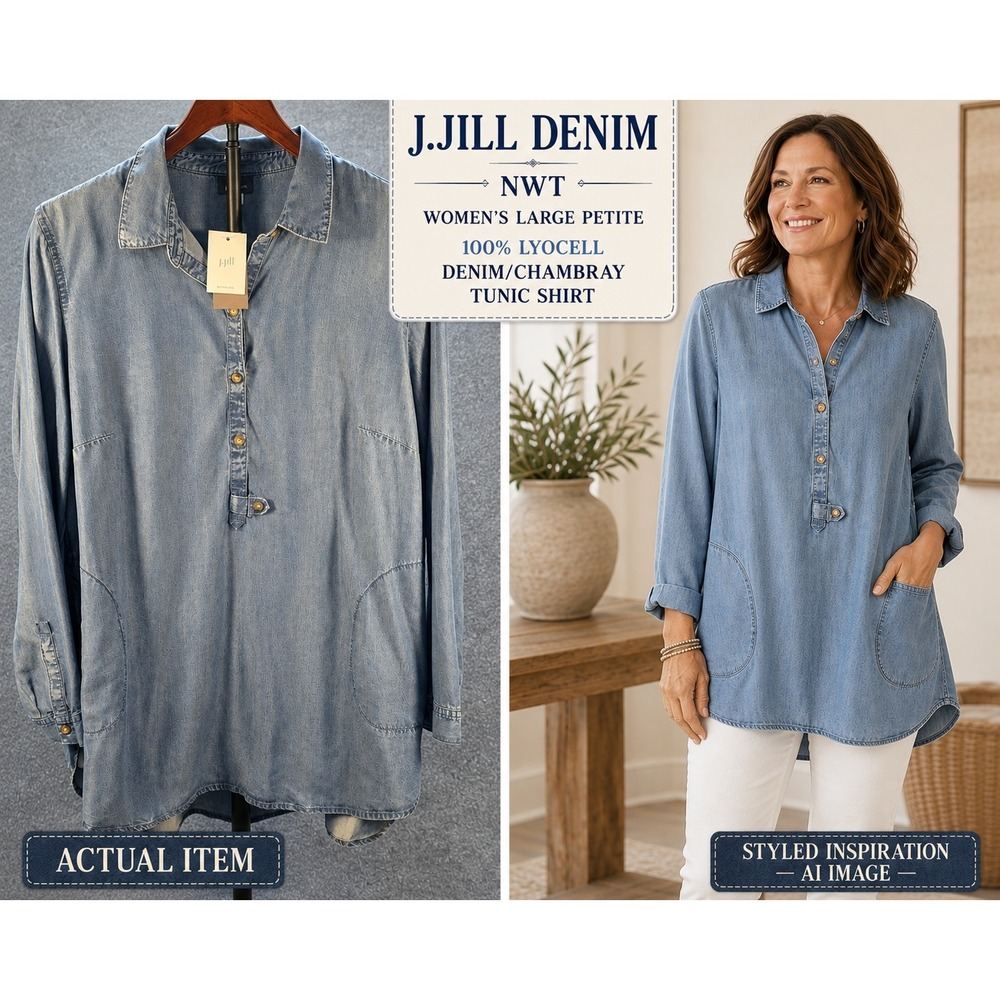 J.Jill Denim Chambray Tunic Shirt Women Large Petite Blue Slash Pockets NWT Boho